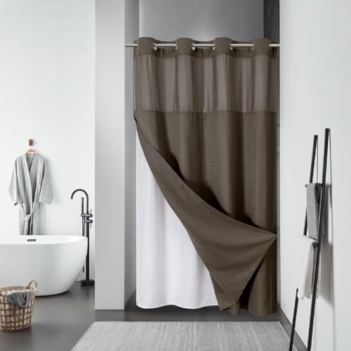 eachope Brown No Hook Waffle Weave Shower Curtain with snap-in Liner Replacement, 230GSM Waterproof Fabric Hotel Shower Curtain Set for Bathroom, Through Mesh Top Window,54Wx80H - color: Brown, size: 54"W x 80"L (Pack of 1)