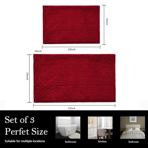 Bathroom Rugs Chenille Bath mat 2 Piece Set, Super Absorbent, PVC Non Slip Backing, Bath mats for Bathroom, Plush Shaggy, Thick, Machine Washable, Bathtub, Shower, Toilet.(Burgundy) - color: Burgundy, size: 16''×24''+20''×32''