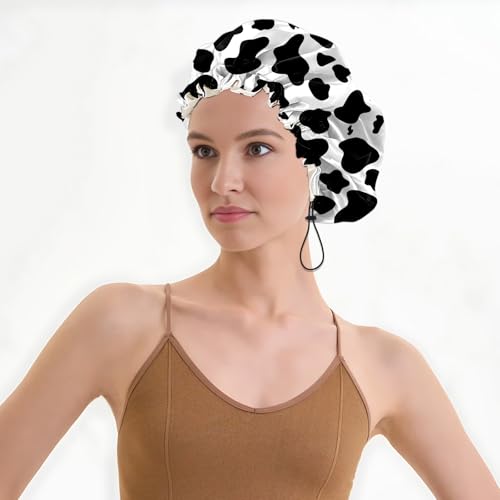 Luxury Shower Cap Satin Lined Reusable Waterproof Double Layer Elastic Adjustable Hair Bath Cap Cute Aesthetic Women Girls-Cow Leopard - color: F9-Cow Leopard