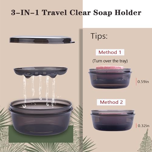 Travel Soap Container, Round Soap Case with Cover, Portable Bar Soap Holder | Leakproof Shampoo Bar Holder with Drainage Tray for Shower, Bathroom, Travel, Camp (Transparent Black) - color: Transparent Black
