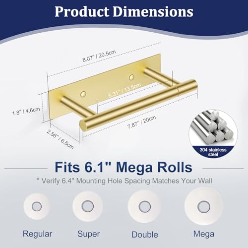 Brushed Gold Toilet Paper Holder, Adhesive or Screw Toilet Roll Holder Wall Mount, SUS304 Stainless Steel Double Post Pivoting Toilet Roll Holder for Bathroom, Kitchen, Washroom - color: Brushed Gold