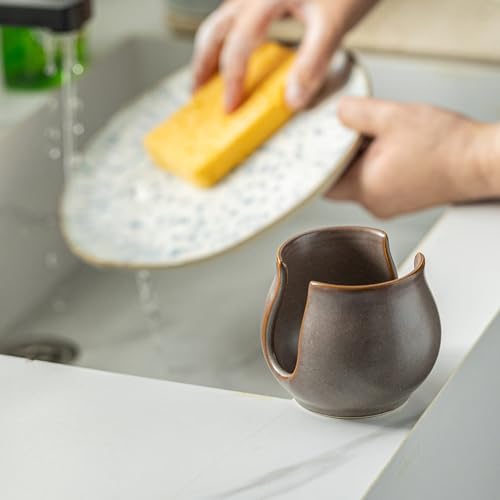 Zoeeker Sponge Holder for Kitchen Sink, Ceramic Dish Sponge Drying Rack Scrubby Holder Kitchen Organizer Cute Sink Caddy, Farmhouse Decor, Dark Agate Red - color: Dark Agate Red, size: Barrel-type