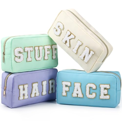 Preppy Makeup Bags Chenille Letter Stuff Bag Nylon Cosmetic Pouch Cases with Zipper for Women Travel Toiletry(Soft Pastel,Classic,4 Pcs) - color: Soft Pastel, size: Classic
