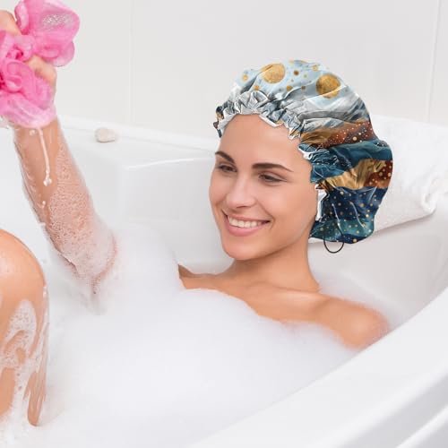 2 PCS Shower Cap Waterproof Double Layer Elastic Adjustable Reusable Hair Bath Caps for Girls Women Cute Aesthetic-Blue - color: G9-Blue