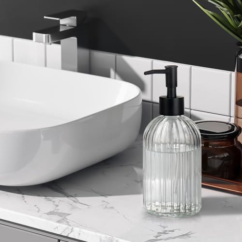 1 Pack 13.5oz Glass Soap Dispenser with Plastic Pump, Vertical Stripe Design Refillable Hand Soap Dispenser for Hand Wash, Bathroom and Kitchen - color: Vertical Clear