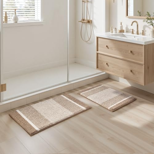 HOMEIDEAS Beige Bathroom Rugs Set of 2, Thick Absorbent Chenille Bath Mats, Non-Slip Soft Shaggy Rugs for Bathroom Floor, 20" x 32" & 17" x 24" - color: Beige