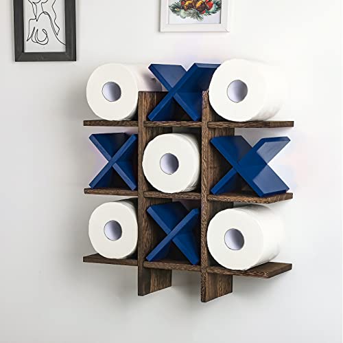 Weysat Tic Tac Toe Toilet Paper Holder Stand Bathroom Wall Decor Rustic Wooden Hanging Storage Freestanding Wall Mounted Shelves Decor for Toilet Tissue Farmhouse - color: Brown, Blue