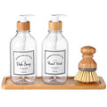 Zopeal 4 Pcs 16 oz Kitchen Soap Dispenser Set with Bamboo Tray and Dish Brush Plastic Soap Dispenser Set with Waterproof Labels for Hand Dish Lotion(Transparent) - color: Transparent