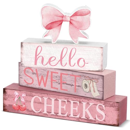Cinnvoice 4 Pcs Pink Bow Bathroom Decor Farmhouse Bathroom Decoration Hello Sweet Cheeks Table Centerpiece Gift for Christmas Valentines Back to School - style: Pink Bow Hello Sweet Cheeks