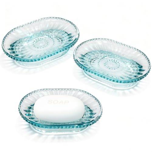 Foraineam 3 Pack Glass Soap Dish, Decorative Embossed Bar Soap Saver Tray Holder for Shower Room, Bathtub, Bathroom Counter, Kitchen Sink