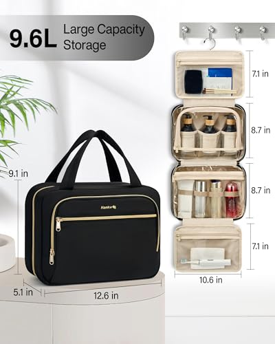 Hanke Hanging Travel Toiletry Bag for Women, Water-Resistant Makeup Organizer with Hook, Cosmetic Bag for Bathroom & Travel Essentials Accessories, Black - color: Black