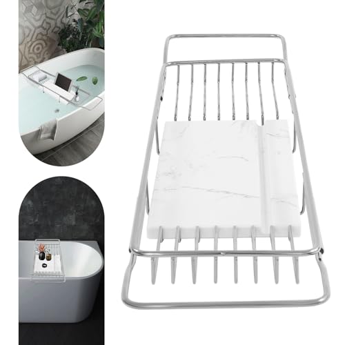 Expandable Bathtub Tray Caddy Shelf with Marble Table Mobile/Tablet Stand, Luxury Bath Tub Tray Rack, Bathroom Home Spa Shower Accessories Perfect Relaxing Spa Gifts for Women and Towel - color: Silver Rack+white Marble Board