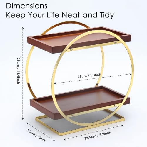 2-Tier Bathroom Counter Organizer, Wood Bathroom Organizer for Vanity Makeup Skincare Cologne Storage, Bamboo Perfume Organizer for Dresser, Countertop Shelf for Bathroom Kitchen, Gold & Brown - color: Gold and Wood