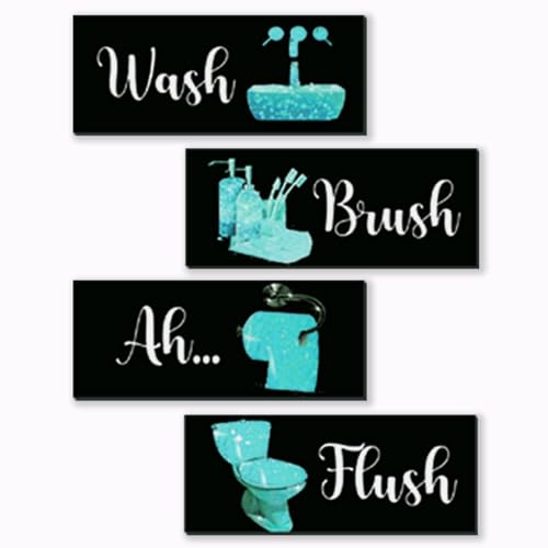 4 Pcs Teal Bathroom Decor Funny Teal And Black Bathroom Decor Wooden Modern Funny Glitter for Home Toilet Decoration(10x4") - color: Teal, size: 10 X 4 Inch