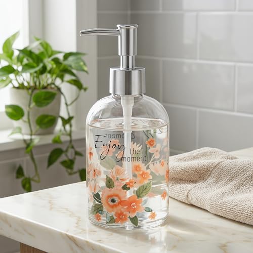 Topadorn 17oz Glass Soap Dispenser with Pump, Refillable Hand Soap Dispenser for Bathroom & Kitchen, Floral Design, Decorative Farmhouse Countertop Decor - color: Soft Pink