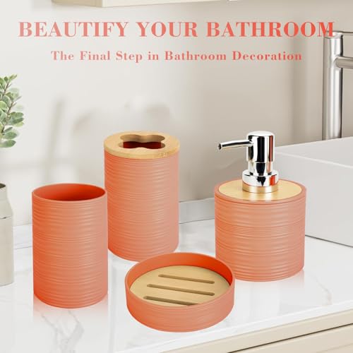 4 PCS Orange Bathroom Accessories Set, Includes a Soap Dispenser, Toothbrush Holder, Soap Dish and Mouthwash Cup, Plastics & Bamboo Bathroom Set, Bohemian Style Bathroom Sink Set - color: Orange, size: 4 PCS
