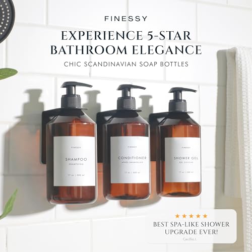 FINESSY Refillable Shampoo and Conditioner Dispenser Wall Bottles with Pump, Bathroom Body Wash Soap and Shampoo Dispenser for Shower Wall 3 Chamber No Drill, Shower Bottles Refillable with Labels - color: Luxe Amber