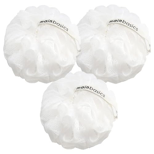 MainBasics Shower Loofah Sponge Pouf, Set of 3, Snow White | Soft Mesh Body Scrubber and Bath Sponge for Gentle Exfoliation, Rich Lather, and Everyday Shower Use - style: Snow White