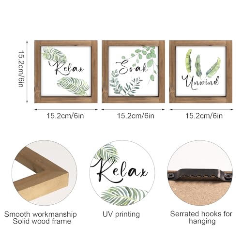 pechpell 3 Piece Relax Soak Unwind Wall Art Bathroom Signs, Wooden Sage Green Spa Bathroom Decor, Botanical Leaves Plant Pictures Indoor Restroom Shelf Table Bedroom Rustic Farmhouse Home Decorations - color: sage green