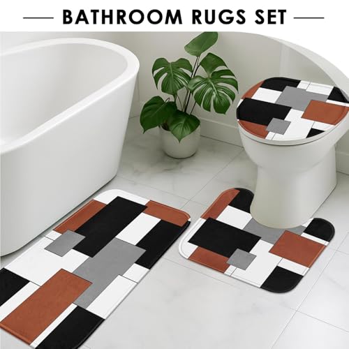 Brown Geometric Shower Curtain Set with Toilet Lid Cover and Non-Slip Rugs for Bathroom, Black Grey White Checkered 4 Pcs Shower Curtain, Modern Abstract Bathroom Set with 12 Hooks - color: Abstract Geometric Brown