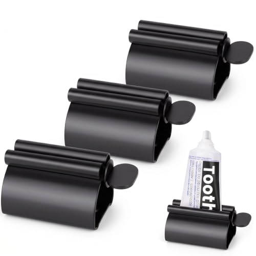 LOVEINUSA Toothpaste Tube Squeezer Dispenser, 3 PCS Toothpaste Roller | Black Squeezer Tool Metal Stainless Steel Tooth, Paste Holder for Bathroom - color: Black