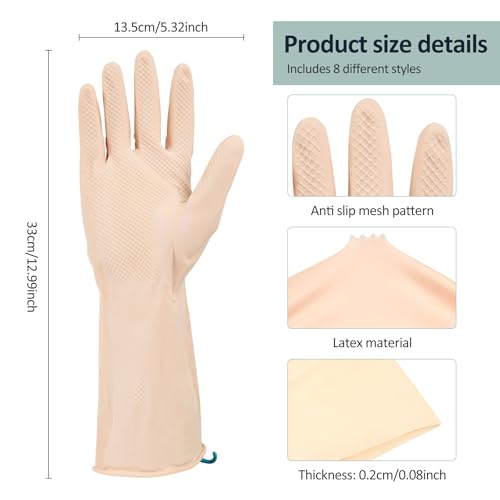8Pairs Rubber Dishwashing Gloves, 13 Inch Long Household Cleaning Gloves Reusable with Hanging Hook and Nonslip Texture for for Washing Dishes and Cleaning Tasks, Flexible Longlasting and Nonslip