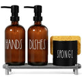 Hand and Dish Soap Dispenser Set, Kitchen Soap Dispenser Set with Sponge Holder, 16.9oz Amber Glass Dispenser, Waterproof Labels, Instant Dry Tray|Upgrade for Your Kitchen and Bathroom