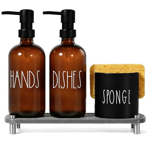 Hand and Dish Soap Dispenser Set, Kitchen Soap Dispenser Set with Sponge Holder, 16.9oz Amber Glass Dispenser, Waterproof Labels, Instant Dry Tray|Upgrade for Your Kitchen and Bathroom