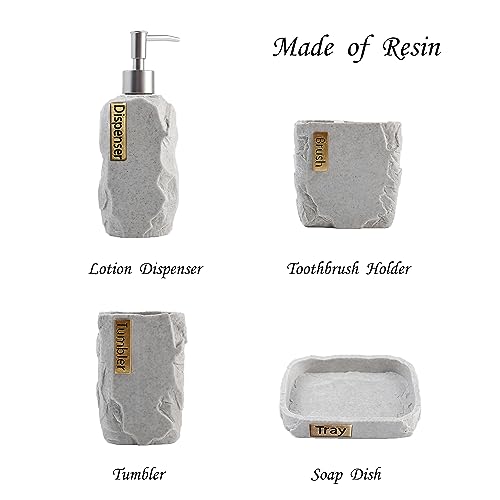 Hymmah Bathroom Accessories Set,Marble Design Toothbrush Holder,Farmhouse Bathroom Decor,4 Pcs Resin Gift Set Apartment Necessities, Contain Toothbrush Cup,Soap Dispenser,Soap Dish,Tumbler - color: Marble Gray