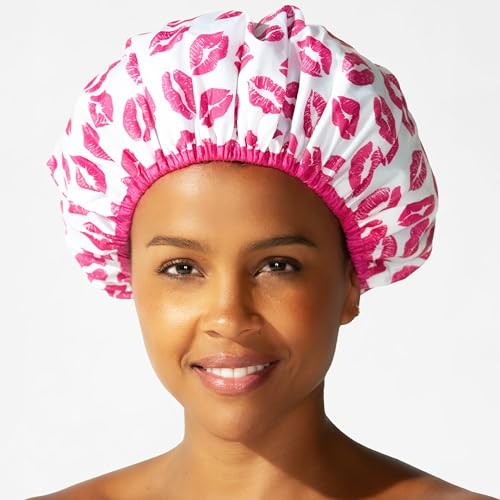 Reusable Shower & Bath Cap & Lined, Oversized Waterproof Shower Caps Large Designed for all Hair Lengths with PEVA Lining & Elastic Band Stretch Hem Hair Hat - Fashionista Showered With Kisses - color: Showered With Kisses