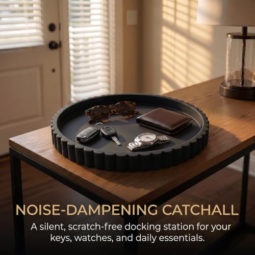Round Silicone Vanity Tray Matte Black 12 Inch Scalloped Organizer | Decorative Tray for Bathroom Counter, Perfume Candle Soap Makeup Vanity Centerpiece Dresser Living Room Decor-12 x 12 x 0.8" - size: 12"