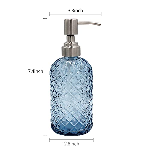 16 oz Diamond Pattern Glass Soap Dispenser, Kitchen and Bathroom Refillable Soap Dispenser with Rust Resistant Stainless Steel Pump for Hand Soap, Lotion Glass Liquid Dispenser (Blue) - color: Blue