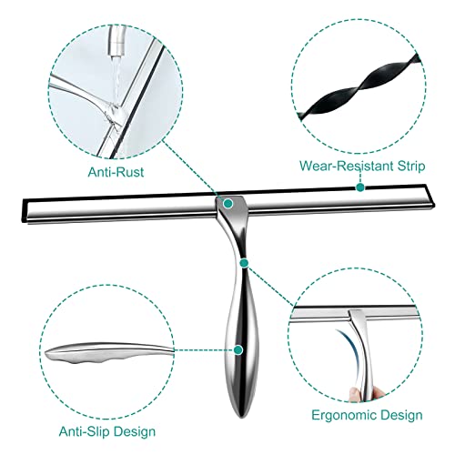 Shower Squeegee for Glass Doors,14-Inch Shower Glass Squeegee, Sliver Shower Squeegee for Shower Doors,Mirror,Windows, with Shower Door Hook and Adhesive Hook - color: Sliver, size: 14-Inch