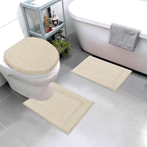 SHACOS Microfiber Bathroom Rugs Set of 3 with Toilet Lid Cover Non Slip | Washable Bath Mat Absorbent Bathroom Carpet 16"x24"+U Shape Toilet Rug 20"x24"+Toilet Lid Cover 19"x21", Light Beige - color: Light Beige, size: 16"x24"+U-Shape 20"x24"+Lid Cover 19