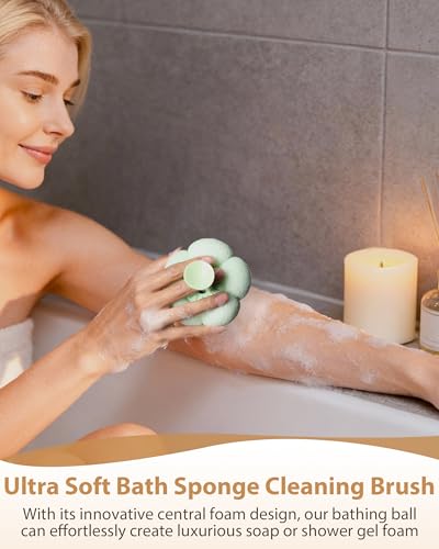 2026 Super Soft Flower-Shaped Suction Cup Bath Sponge, Upgraded 2-in-1 Flower-Shaped Ball Exfoliating Bath loofah Cleaning Brush, Mesh Shower Body Sponge Accessories for Women, Men Shower (2 Color) - style: Fruit Green+Cherry Blossom Pink