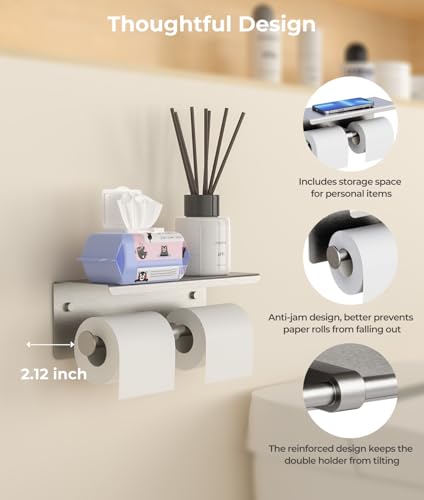 FreshGlow Double Toilet Paper Holder with Shelf, Wall Mount Tissue Roll Holder for Bathroom, 304 Stainless Steel Commercial Toilet Paper Dispenser with Phone Shelf, Brushed Nickel - color: Brushed Nickel