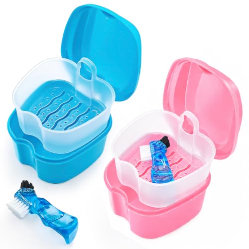 Keedolla 2 Pack Denture Soaking Cup Retainer Cleaner Case, False Teeth Container Denture Holder Box Case for Clear Braces, Mouth Guard, Night Guard - Pink & Blue - color: Blue & Pink