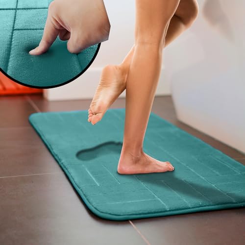 Bathroom Rug Set 5 Piece - Memory Foam Bathroom Mat Set, Soft and Comfortable, Non-Slip Thick Absorbent Bath Mats, Machine Washable, Aqua Teal - color: Aqua Teal/ Line Design
