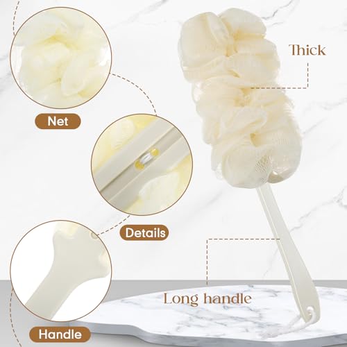Sunnyray 4 Pack Back Scrubber for Shower and Shower Loofah Sponge Set, 50g Shower Loofah Poufs, Loofah Body Scrubber with Long Handle, Loofah on a Stick Bathing Accessories for Body Brushes