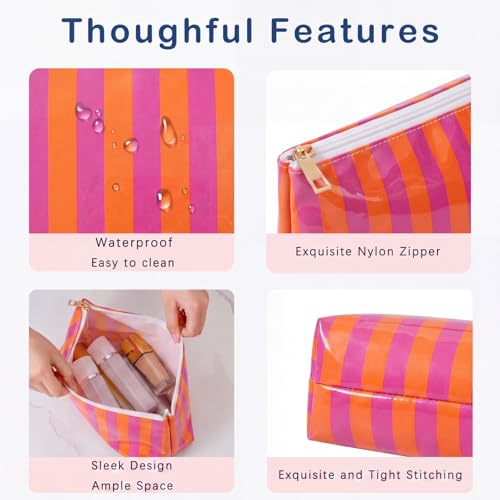 RSRSLEII Large Waterproof Travel Stripe Makeup Bag,Aesthetic PVC Toiletry Bag,Coquette Cosmetic Bag Organizer,Cute Preppy Carry-on Travel Accessories Essentials for Women Girls(03Orange Purple) - color: 03Orange Purple