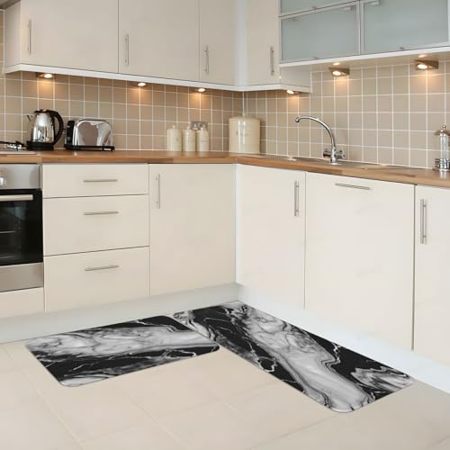 White and Black Marble Texture Kitchen Rugs Microfiber Floor Mats Marbling Cushioned Carpet Runner Rug for Laundry Bathroom Living Room, 2 Piece Set 17"X 47" + 17"X 30" - color: White and Black Marble Texture