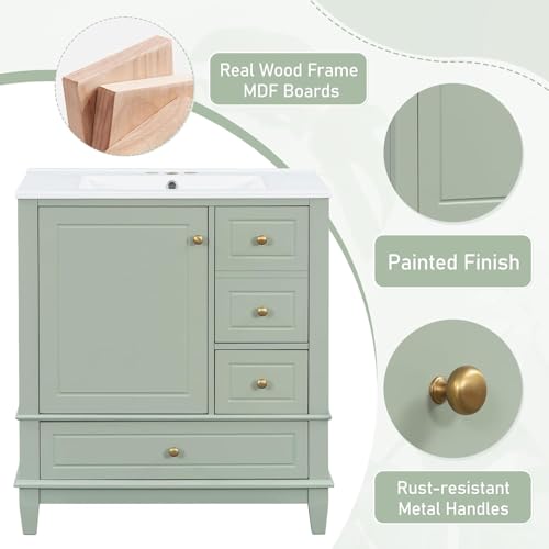 Linique 30" Bathroom Vanity with Sink Combo Set, Solid Wood Frame Bathroom Storage Cabinet with 3 Drawers, Soft Closing Cabinet Door with Organize, Light Green - color: Light Green, size: 30"/ Door with Organizer