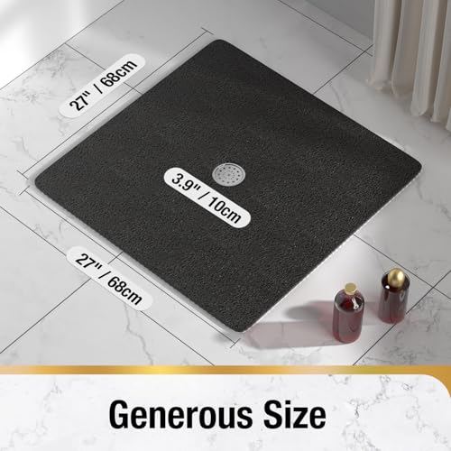 HITSLAM Square Shower Mat, 27 x 27 Inch Non Slip Bath Mat for Tub, Soft PVC Loofah Bathtub Mats with Drain Holes, Quick Drying Bathroom Stall Floor Mat, Bathroom Accessories Without Suction Cup, Black - color: Black, size: 27" x 27" (Square)