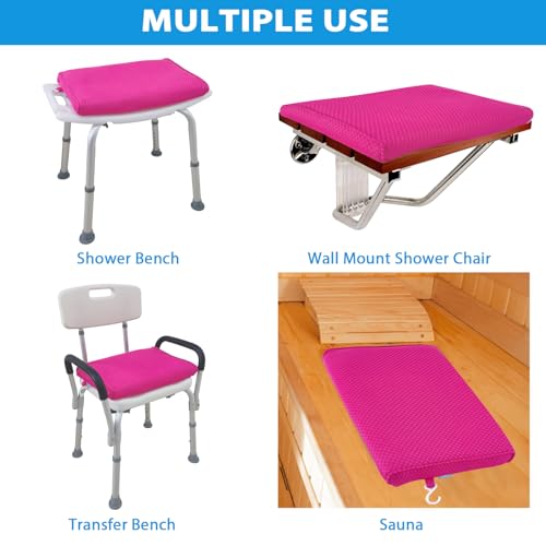 AEROiVi Shower Seat Cushion for Shower Chairs, Transfer Benches in Bathtub, Cushion for Sauna, 3D Mesh Pad with Hook, Slip-Resistant, Design for Elderly, Senior, Handicap Disabled - size: Pink