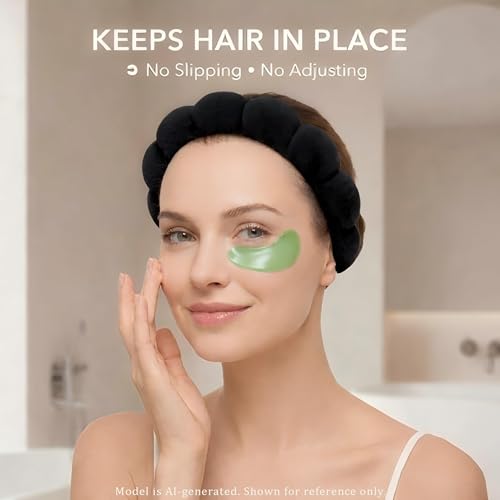 Spa Headband for Washwing Face Wristband Set, Black | Soft absorbent fabric, snug head-hugging fit for face washing, skincare, makeup, masks, travel, women and teen girls - color: Black