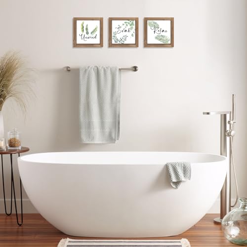 pechpell 3 Piece Relax Soak Unwind Wall Art Bathroom Signs, Wooden Sage Green Spa Bathroom Decor, Botanical Leaves Plant Pictures Indoor Restroom Shelf Table Bedroom Rustic Farmhouse Home Decorations - color: sage green