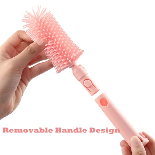 6 In1 Baby Bottle Brush Kit,Portable Silicone Bottle Brush Cleaner Set with Straw Brush,Nipple Brush,Drying Rack,Soap Dispenser,Storage Bag for Travel or Home,Compact&Space-Saving(Pink)