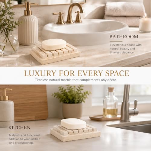 Creative Home Natural Champagne Marble Soap Dish, Beige, 5.2" x 4" | Handcrafted Stone, Non-Slip Base, Spa Collection Accessory, For Bathroom or Kitchen Sink - style: Soap Dish