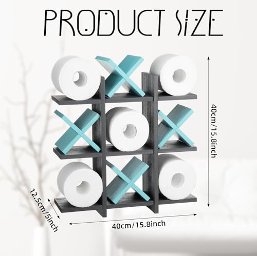 Weysat Tic Tac Toe Toilet Paper Holder Stand Bathroom Wall Decor Rustic Wooden Hanging Storage Freestanding Wall Mounted Shelves Decor for Toilet Tissue Farmhouse - color: Gray, Light Blue