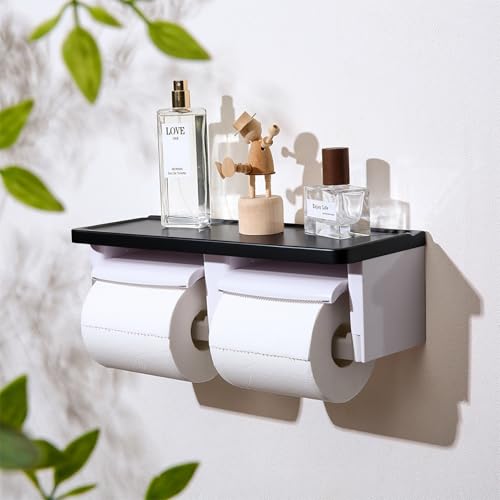 Black Toilet Paper Holder with Storage Shelf, Matte Black Toilet Paper Holder with Storage, Black Double Toilet Paper Holder with Shelf for Bathroom - color: Abs Black&white, size: Full